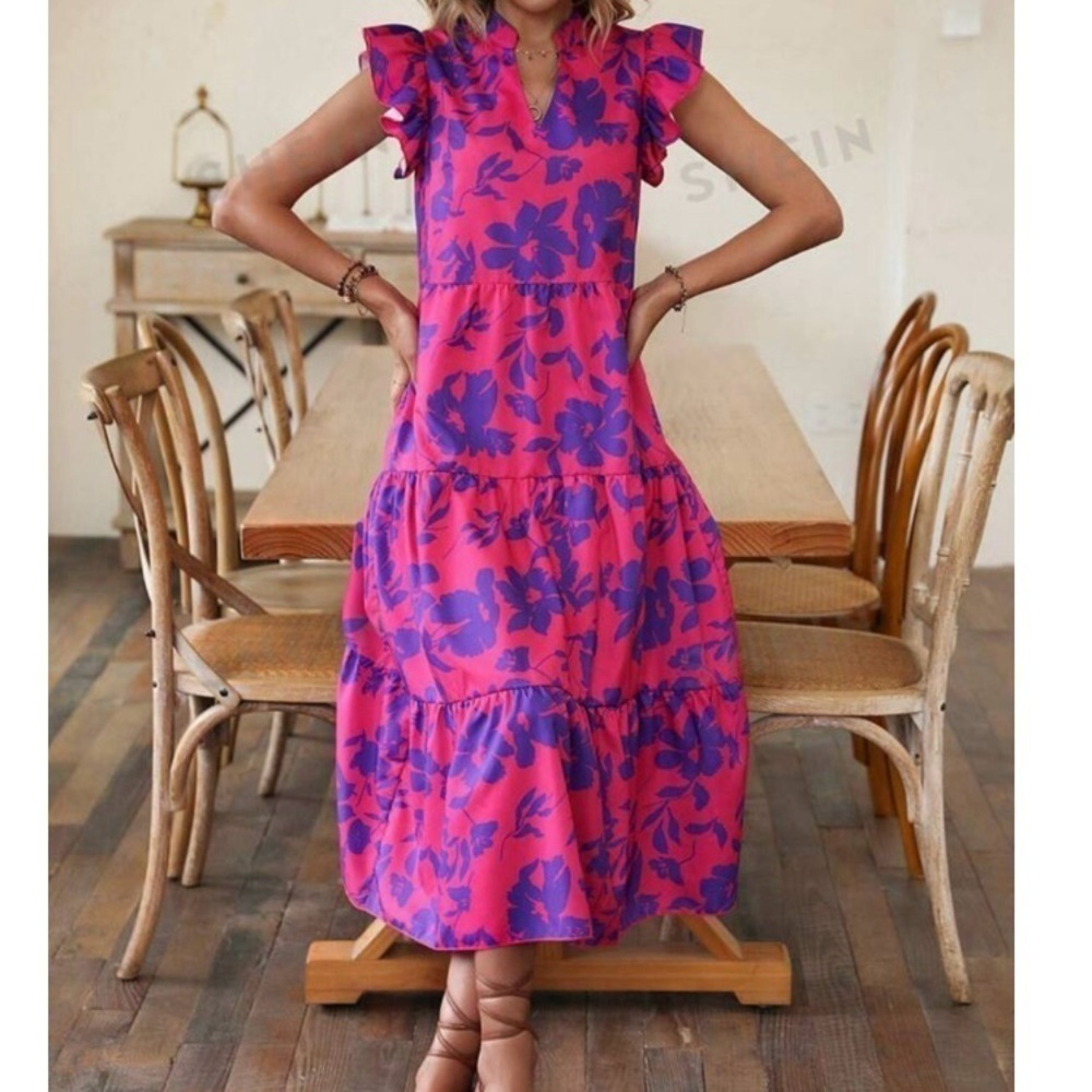 Floral Print Boho Butterfly Sleeve Ruffle Hem Smock Dress - Picture 3 of 3